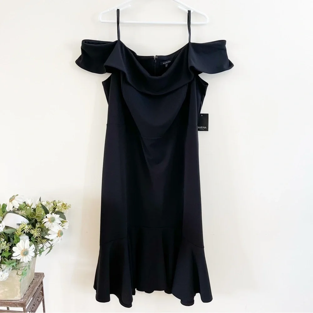 NWT Marina Plus Off The Shoulder Scuba Crepe Flounce Black Cocktail Dress 22W